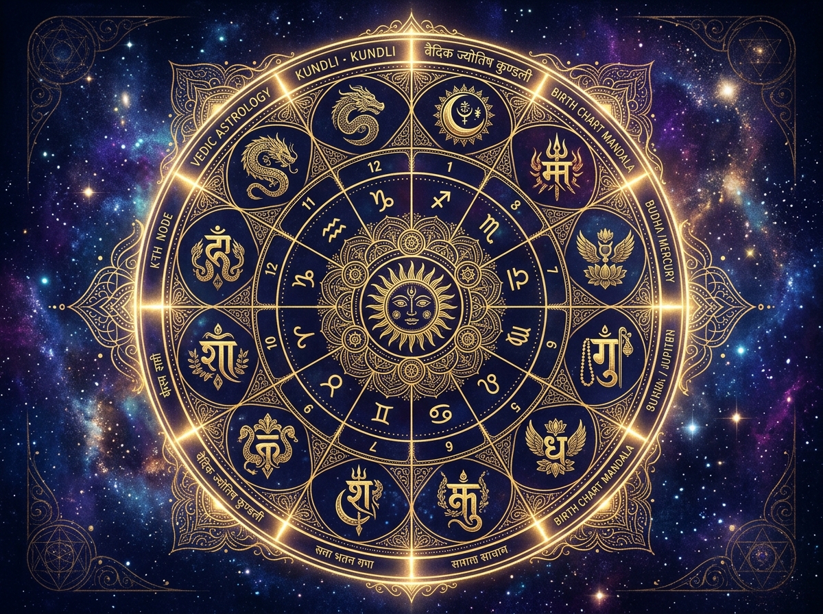 Intricate Vedic Kundli Wheel & Planetary Houses