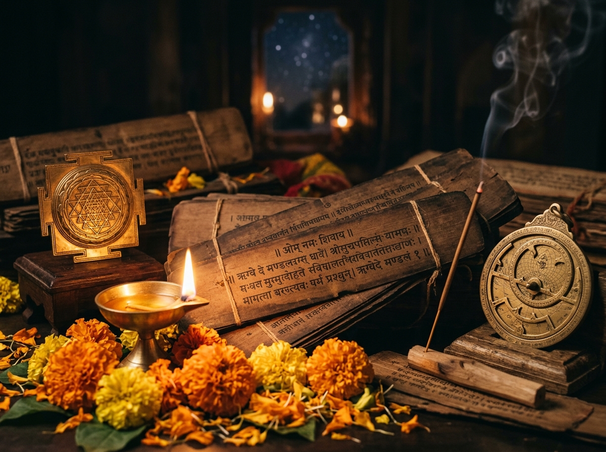 Sacred Vedic Altar & Ancient Manuscripts